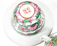 CHINESE ROSE MEDALLION PORCELAIN TEA CUPS & PLATES