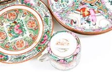 CHINESE ROSE MEDALLION PORCELAIN TEA CUPS & PLATES
