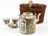 MID-20TH C. CHINESE PORCELAIN WICKER WEDDING TEA SET