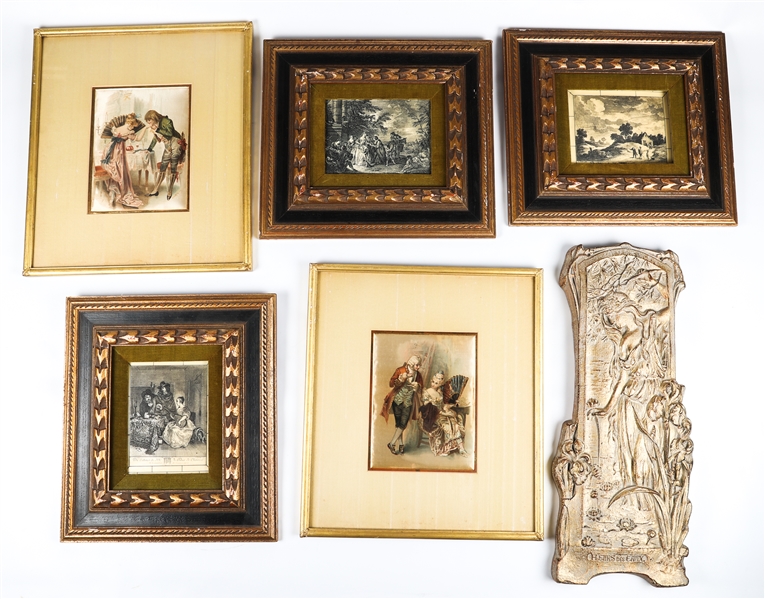 20TH C. EUROPEAN STYLE PRINTED SILKS, ETCHINGS & SCONCE
