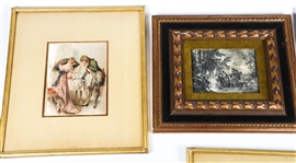 20TH C. EUROPEAN STYLE PRINTED SILKS, ETCHINGS & SCONCE