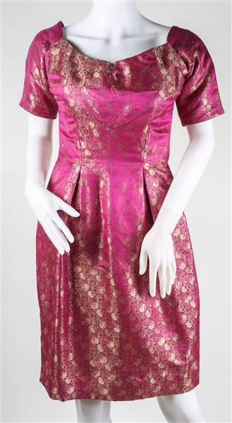 1950s WOMENS TEA LENGTH PINK & GOLD DAMASK DRESS