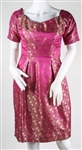 1950s WOMENS TEA LENGTH PINK & GOLD DAMASK DRESS