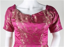 1950s WOMEN'S TEA LENGTH PINK & GOLD DAMASK DRESS