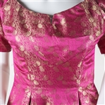 1950s WOMEN'S TEA LENGTH PINK & GOLD DAMASK DRESS