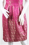 1950s WOMEN'S TEA LENGTH PINK & GOLD DAMASK DRESS