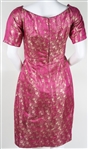 1950s WOMEN'S TEA LENGTH PINK & GOLD DAMASK DRESS