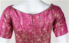 1950s WOMEN'S TEA LENGTH PINK & GOLD DAMASK DRESS