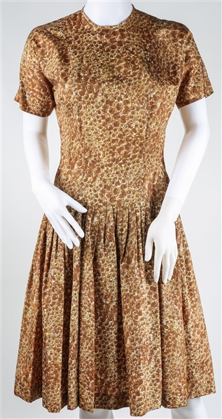 1950s WOMENS BROWN FLORAL PRINT MIDI LENGTH DRESS