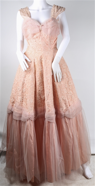 1960s WOMENS PINK FLORAL FULL LENGTH FORMAL DRESS