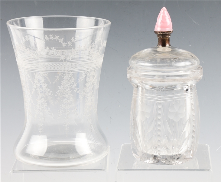 20TH C. ETCHED GLASS VASE & JAR