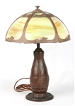 20TH C. TABLE LAMP WITH EARTH TONE SLAG GLASS SHADE