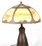 20TH C. TABLE LAMP WITH EARTH TONE SLAG GLASS SHADE