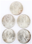 1986 US $1 AMERICAN SILVER EAGLE 1 OZ COINS - LOT OF 5