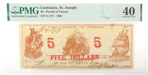 1862 $5 ST. JOSEPH PARISH OF TENSAS BANKNOTE PMG XF40