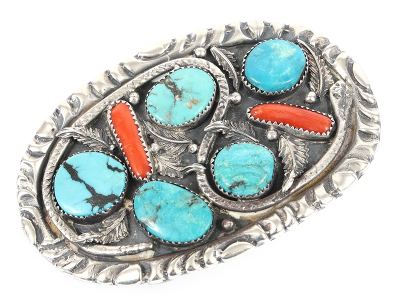 SOUTHWESTERN SILVER CORAL & TURQUOISE BELT BUCKLE