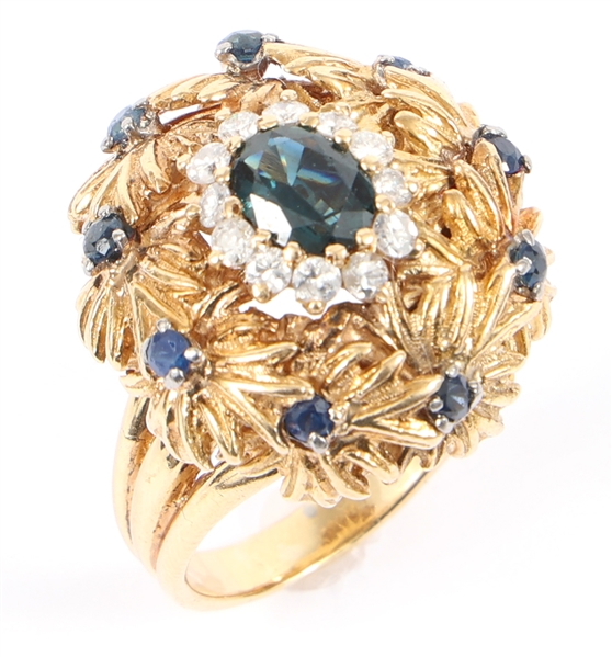 18K YELLOW GOLD NATURAL SAPPHIRE DIAMOND COCKTAIL RING