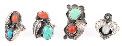 SOUTHWEST STERLING TURQUOISE, CORAL, MOONSTONE RINGS