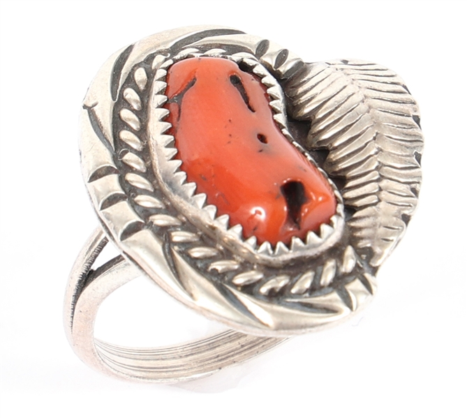 SOUTHWEST STYLE STERLING SILVER CORAL RING - SIGNED