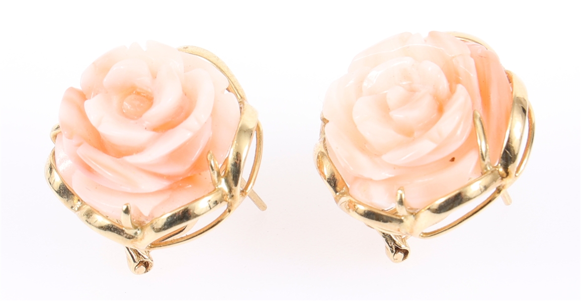 14K YELLOW GOLD CARVED CORAL ROSE EARRINGS
