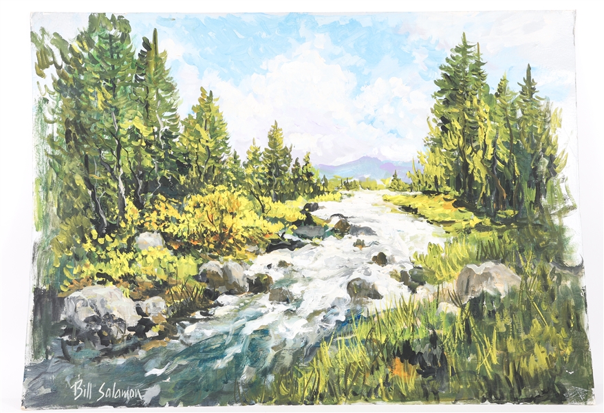 BILL SALAMON "FOREST STREAM" OIL PAINTING ON BOARD 