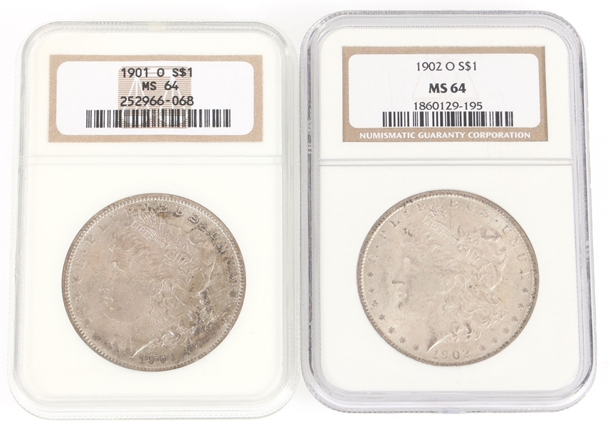 1901-O & 1902-O US MORGAN SILVER $1 COINS NGC MS64