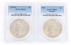 1904-O & 1921 US MORGAN SILVER DOLLAR COINS PCGS MS63