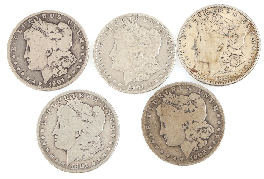 1901-1921 US MORGAN SILVER DOLLAR COINS - LOT OF 5