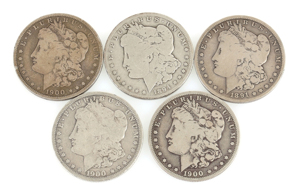 1891-1900 US MORGAN SILVER DOLLAR COINS - LOT OF 5