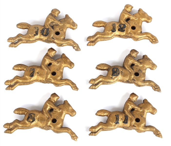20TH C. GILT CAST IRON RACING HORSE GAME PIECES 