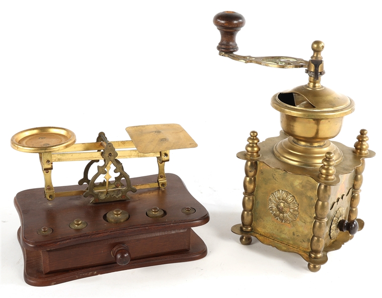 EUROPEAN 19TH C. COFFEE GRINDER & POSTAL SCALE