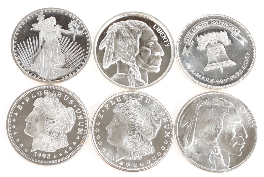US 1 OZ. FINE SILVER ROUNDS - LOT OF 6