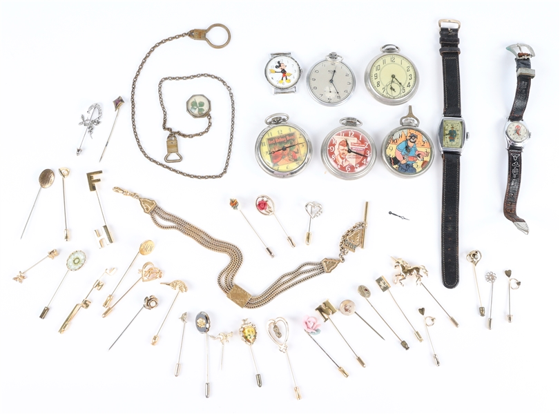 20TH C. ESTATE COSTUME HAT PINS & WATCHES 