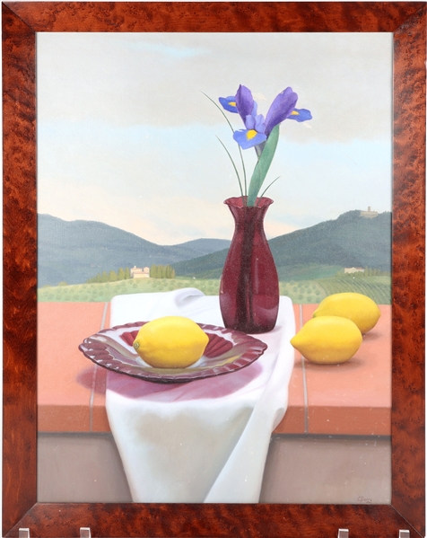 COLIN BERRY OIL ON CANVAS IRIS & LEMON STILL LIFE