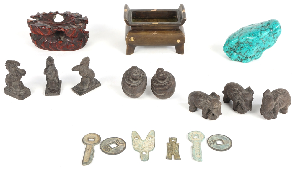 CHINESE DESKTOP DECOR LOT - FIGURINES, COINS, & MORE