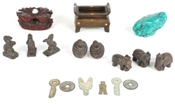 CHINESE DESKTOP DECOR LOT - FIGURINES, COINS, & MORE