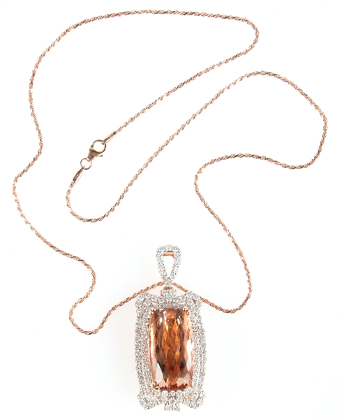 14K ROSE GOLD MORGANITE & DIAMOND PENDANT WITH CHAIN