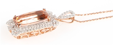 14K ROSE GOLD MORGANITE & DIAMOND PENDANT WITH CHAIN