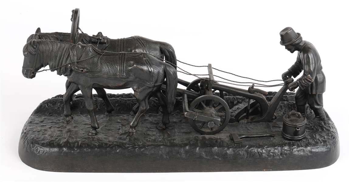 RUSSIAN KASLI CAST IRON SCULPTURE FARMER & PLOWHORSES