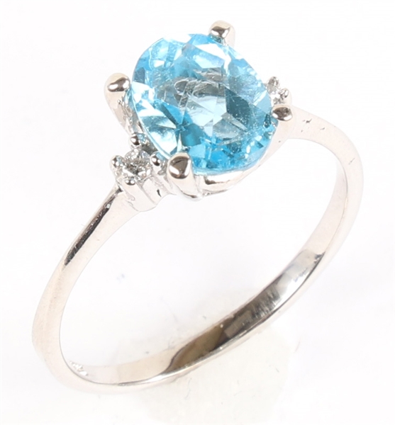 14K WHITE GOLD TOPAZ AND DIAMOND RING 