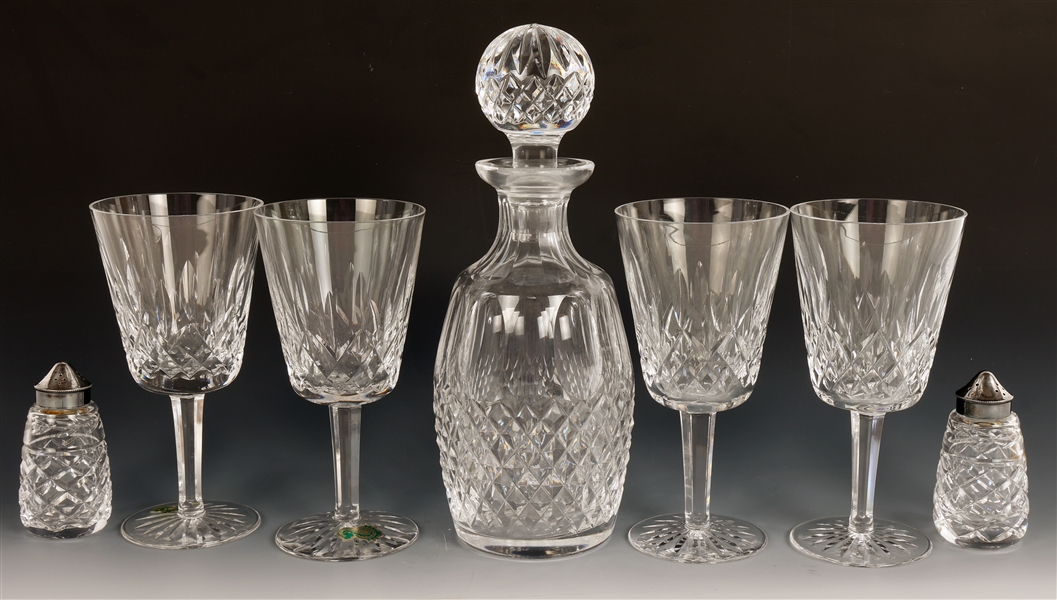 WATERFORD CRYSTAL DECANTER, GLASSES, & SHAKERS