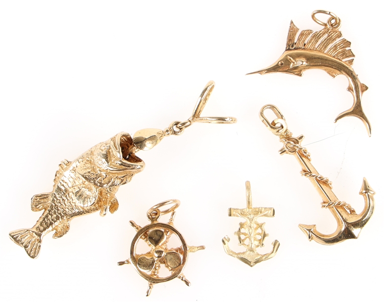 14K YELLOW GOLD FISH & MARITIME THEMED PENDANTS