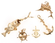 14K YELLOW GOLD FISH & MARITIME THEMED PENDANTS