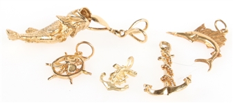 14K YELLOW GOLD FISH & MARITIME THEMED PENDANTS