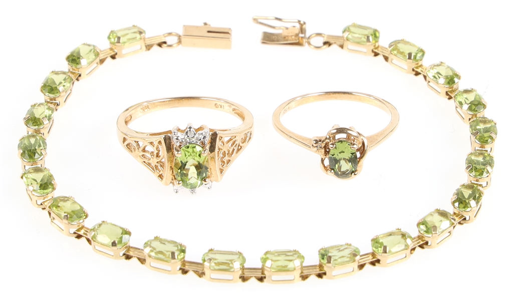 10K YELLOW GOLD GREEN PERIDOT BRACELET & RINGS