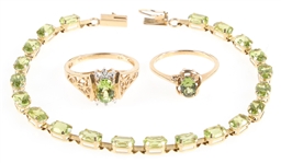 10K YELLOW GOLD GREEN PERIDOT BRACELET & RINGS