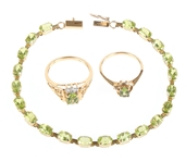 10K YELLOW GOLD GREEN PERIDOT BRACELET & RINGS