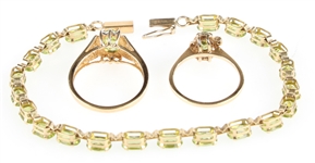 10K YELLOW GOLD GREEN PERIDOT BRACELET & RINGS