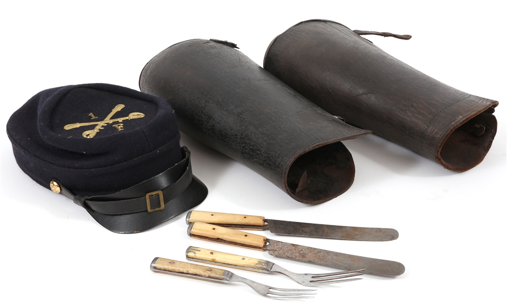 CIVIL WAR REENACTORS LOT CUTLERY, RIDING GUARDS, & CAP