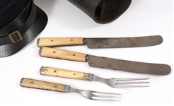 CIVIL WAR REENACTOR'S LOT CUTLERY, RIDING GUARDS, & CAP